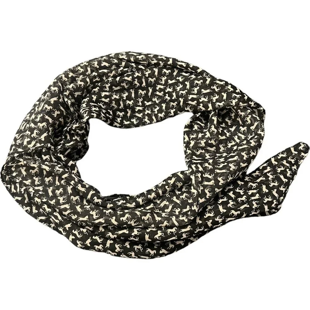 Vintage 30” Square Scarf Equestrian Pattern‎ Horses Black White Dark Academia